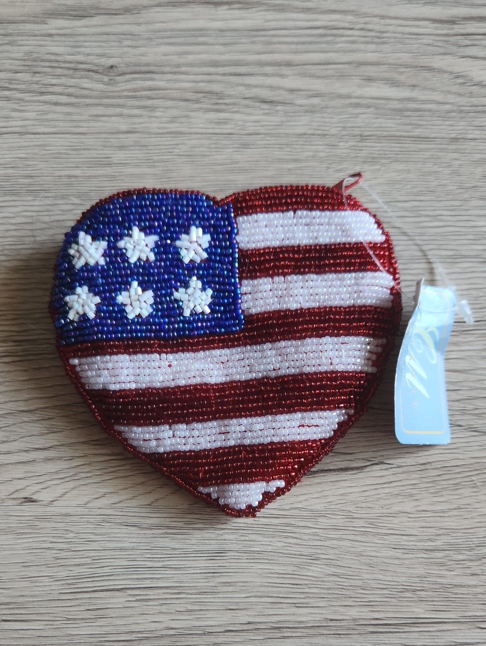 Beaded American Flag Heart Pouch - Red, White & Blue